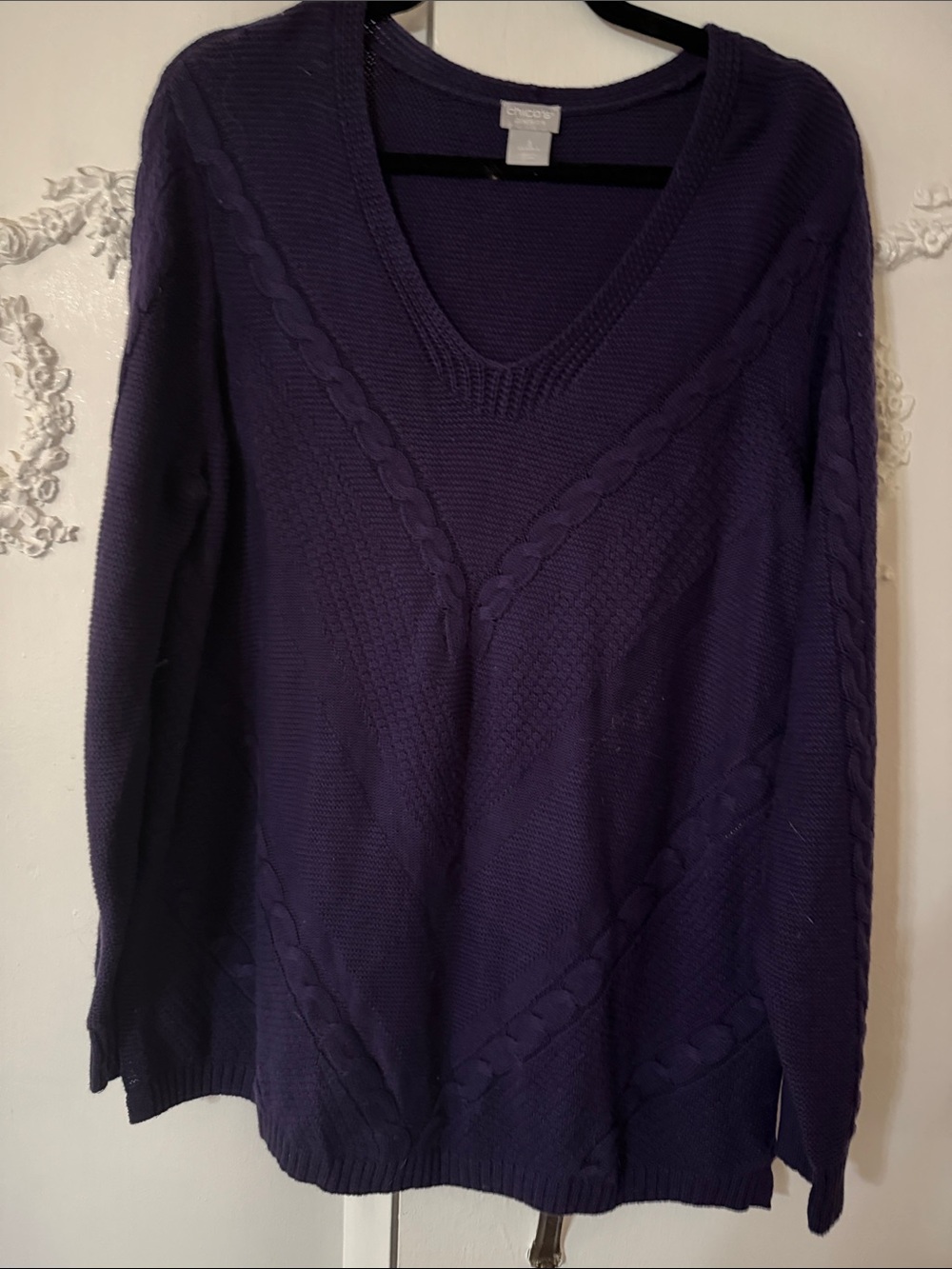 Chico's Deep Purple V-Neck Cable Knit Tunic Sweater. SZ 3. XL